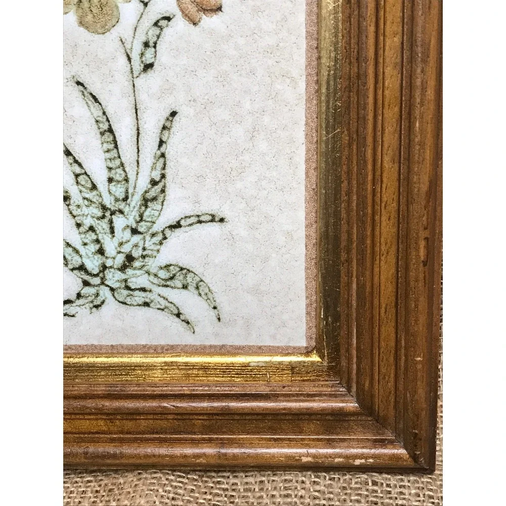 Framed Tile with Floral‎ Design, Great Vintage Wooden Frame, Hand Made in Italy